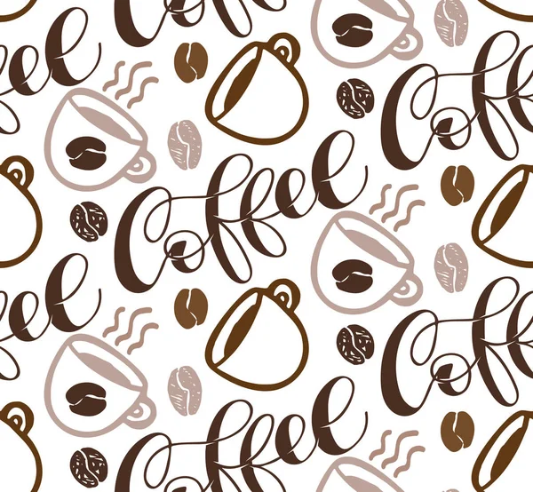 First Coffee Cute Hand Drawn Doodle Lettering Postcard Pattern Background — Stock Vector