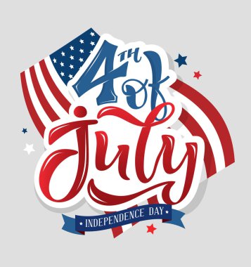 Mutlu 4 Temmuz - ABD 'nin Bağımsızlık Günü - Sevimli el çizimi kartpostallar. Poster, afiş, web, tişört tasarımı için harf şablonu. 