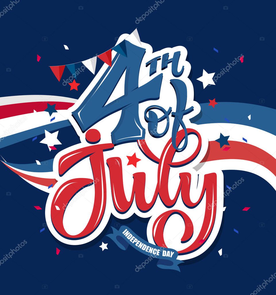 Happy 4th of July - Independence Day of USA - cute hand drawn doodle lettering postcard. Lettering template for poster, banner, web, t-shirt design. 