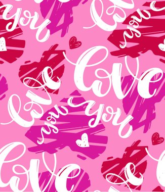 Sevimli el çizimi karalama harfleri arkaplanda kalpler var. Seni seviyorum. Sevgililer Günü şablonunuz kutlu olsun..