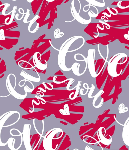 Niedliche Handgezeichnete Doodle Schriftzug Muster Hintergrund Mit Herzen Liebe Dich — Stockvektor