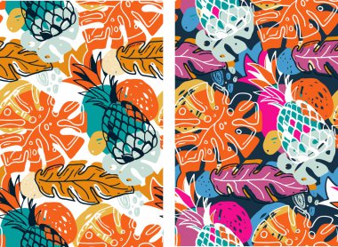 Moda şablon tasarımı dokusu. Renkli soyut el çizimi tropikal desen arkaplanı. Moda şablon tasarımı dokusu.