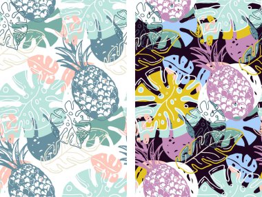 Moda şablon tasarımı dokusu. Renkli soyut el çizimi tropikal desen arkaplanı. Moda şablon tasarımı dokusu.