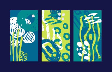 Modern sanatsal kartlar tasarım şablonu. Soyut arka plan tasarımları seti - yaz satışı, sosyal medya tanıtım içeriği. Renkli moda şekilleri.