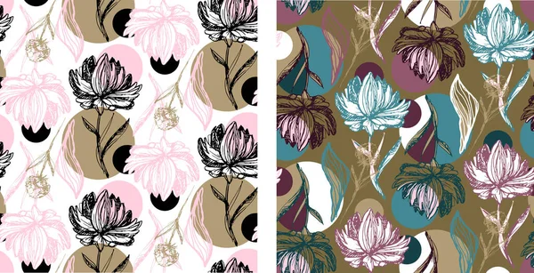 Abstraktes Handgezeichnetes Blumenmusterset Blätter Und Blumenkunst Für Muster Hintergrund Stoff — Stockvektor