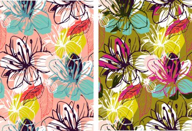 Yaprak ve çiçek sanatı desen, arkaplan, kumaş, tişört tasarımı için. Soyut el çizimi şablon seti