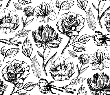 Yaprak ve çiçek sanatı desen, arkaplan, kumaş, tişört tasarımı için. Soyut el çizimi şablon seti. Çiçek çerçeve şablonu.