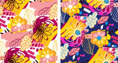 Sonbahar sevimli el karalama yaprağı ve çiçek seti. Desen, arkaplan, kumaş için soyut sonbahar şablon sanatı.