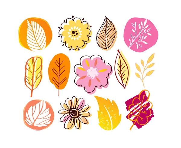 Outono Bonito Mão Desenhada Doodle Folha Flor Set Arte Banner —  Vetores de Stock