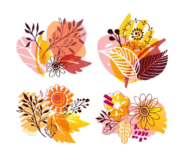 Φθινόπωρο Χαριτωμένο Χέρι Doodle Φύλλα Και Σετ Λουλουδιών Αφηρημένη Πτώση — Διανυσματικό Αρχείο