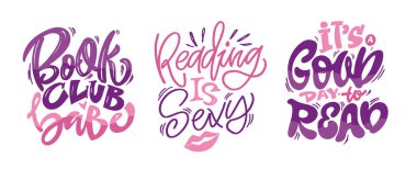 Kitap ve okumayla ilgili komik el karalamaları çizmiş. Tişört tasarımı, kupa baskısı, çanta baskısı, kıyafet modası. % 100 elle çizilmiş vektör resmi.