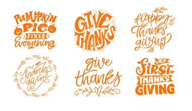 Şükran Günü 'n kutlu olsun. Minnettar ol. Sevimli ol. Tişört izi, kupa, çanta için. % 100 elle çizilmiş vektör