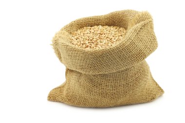 Biyolojik olarak yetiştirilen organik buğday beyaz zemin üzerinde bir çuval bezi çanta