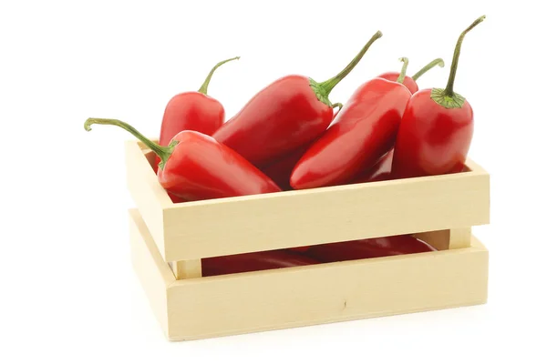 Red Jalapeno Peppers Wooden Box White Background — Stock Photo, Image