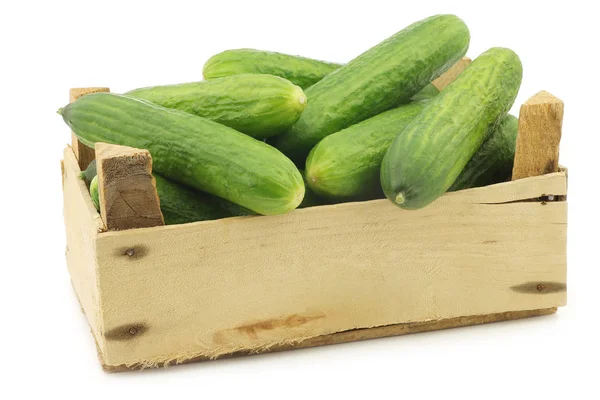 Fresh Green Baby Cucumbers Wooden Crate White Background — Stock Photo, Image