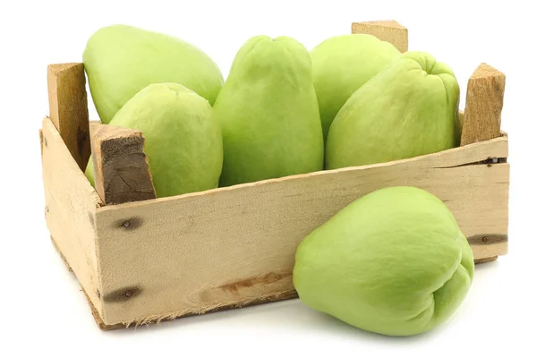 Chayote Fruit Sechium Edulis Cut One Wooden Crate White Background — Stock Photo, Image