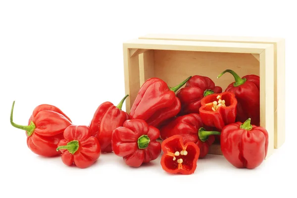 Scharfe Rote Habanero Paprika Einer Holzkiste Auf Weißem Hintergrund — Stockfoto