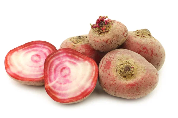 Freshly Harvested Red Chioggia Beet Root Two Halves White Background — Stock Photo, Image