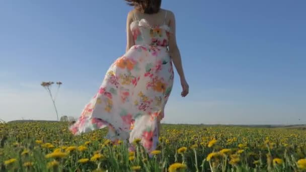 Mujer camina sobre un floreciente campo amarillo en un vestido que revolotea en el viento — Vídeo de stock