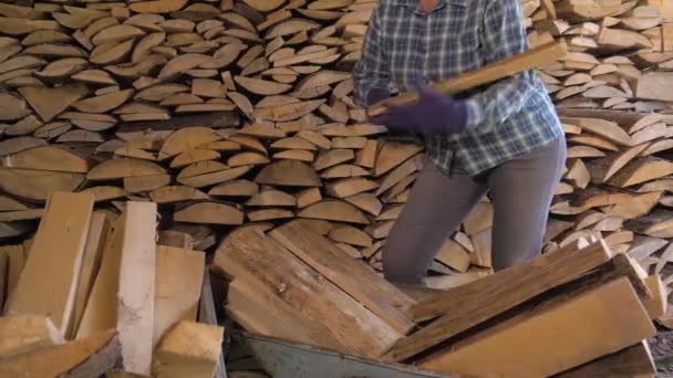 Белая женщина кладет лес в сарай на ранчо — стоковое видео
