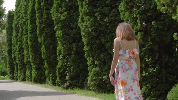 Une femme dans une robe venant à travers une ruelle soignée de Tui décoratif sur une journée ensoleillée — Video