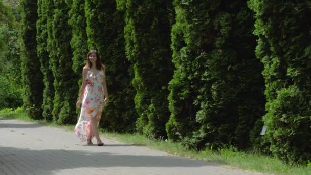 Žena v šatech chůzi na ulici dekorativní Cypress za slunečného letního dne — Stock video