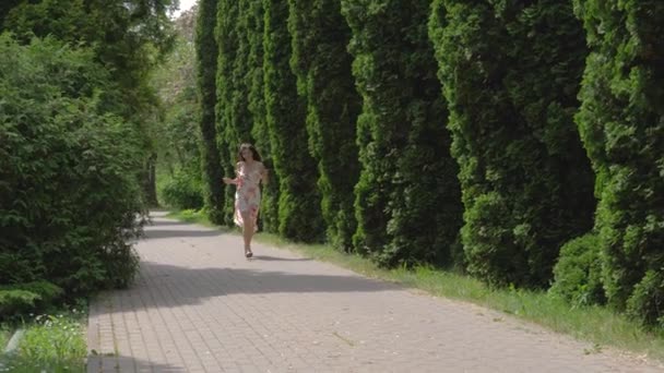 Caucásico atractiva mujer en un vestido corriendo por el callejón de los árboles decorativos — Vídeos de Stock