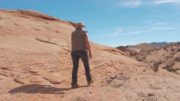 砂漠で赤い岩の峡谷に女性ハイキングのスポーツ運動 — ストック動画