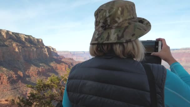 Τουριστική γυναίκα παίρνει τις εικόνες σε ένα Smartphone τοπία στο Grand Canyon — Αρχείο Βίντεο