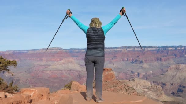 Žena turistické v horní části Grand Canyonu pozvedla ruce nahoru od úspěchu — Stock video