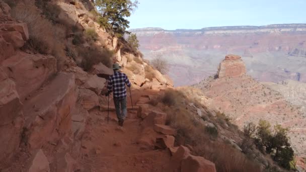 Sportos férfi túra a gyalogút nyomot a Grand Canyon Nemzeti Park — Stock videók