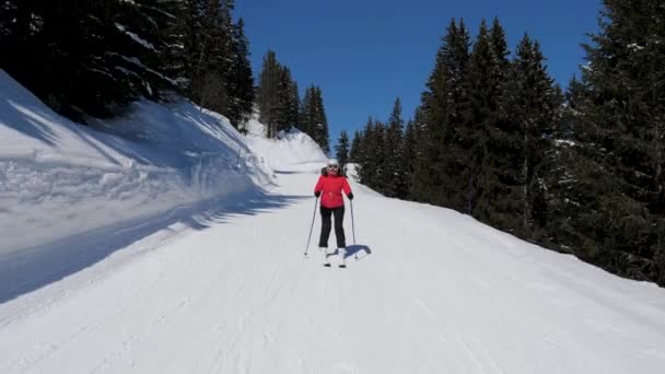 Aktive Skifahrer fahren im Wintermärchen den Berghang hinunter — Stockvideo