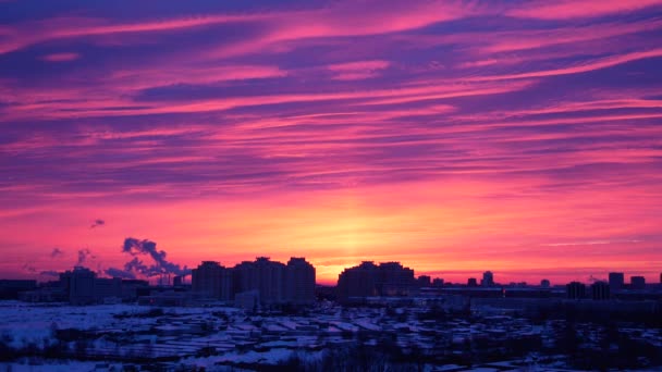 Zeitraffer der Rose des roten Sonnenaufgangs oder Sonnenuntergangs in der Stadt im Winter — Stockvideo