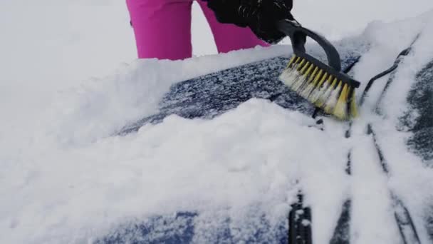 Le donne puliscono attivamente il cappuccio della sua auto dalla neve in inverno con un pennello — Video Stock