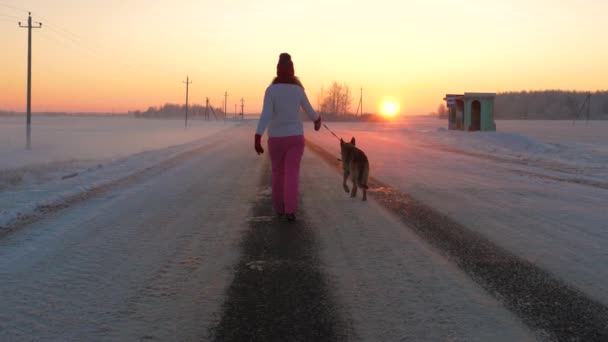 在运动中 女人带着她的狗走在路上 在浪漫的猩红日落的背景下 围着白雪覆盖的田野 冬夜在严寒的天气里 慢动作 — 图库视频影像