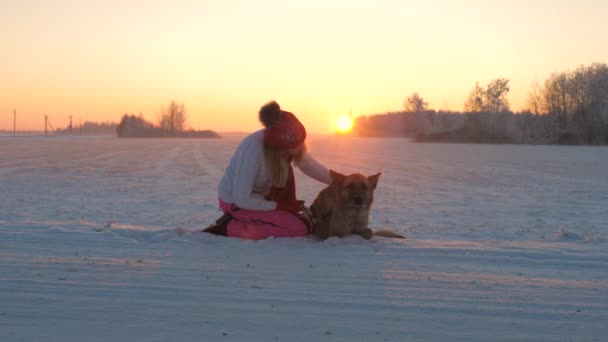 Frau streichelt liebevoll Hund, der an einem Winterabend bei Sonnenuntergang im Schnee sitzt — Stockvideo