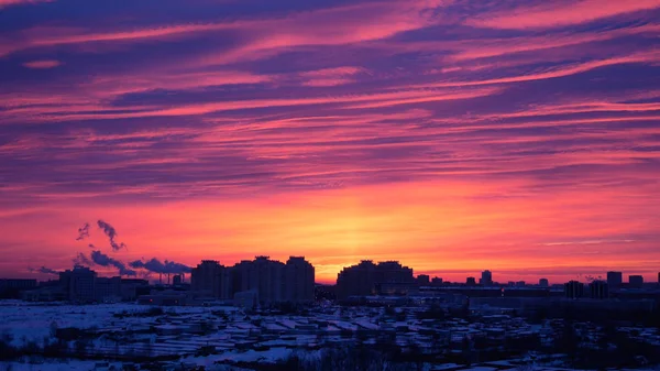 Kışın şehir gündoğumu veya günbatımı kırmızı gül