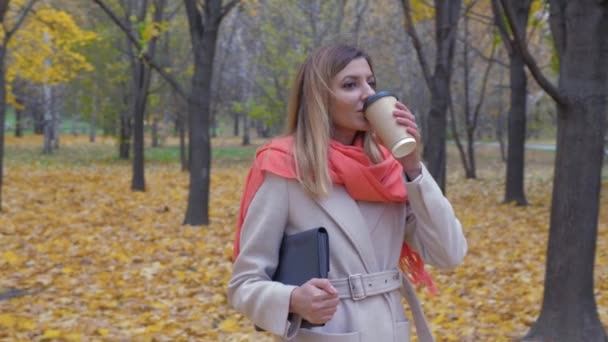 Uma senhora elegante no parque de outono mantém uma pasta ou um laptop e bebe café — Vídeo de Stock