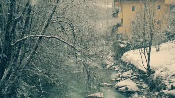 Fuertes nevadas en invierno en las montañas en los centros de esquí — Vídeo de stock