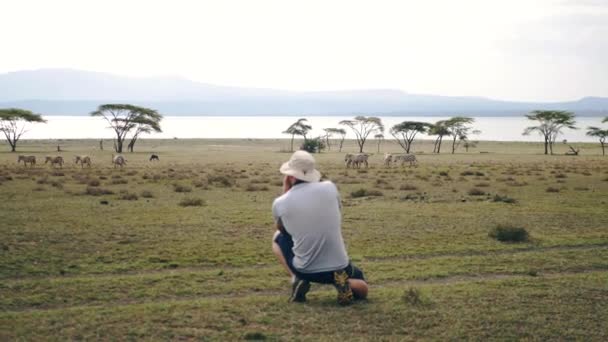 Fotograf Fotografie Nebo Video Kameru Divoké Zebry Zelené Louce Mezi — Stock video