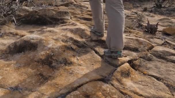 Primer plano de los pies Senderismo por la montaña — Vídeos de Stock