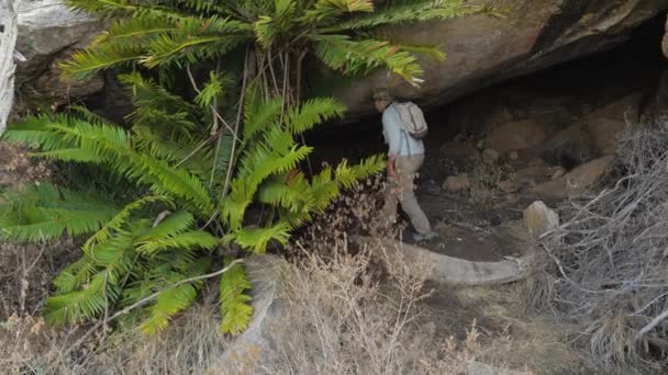 Turista mujer con una mochila sube a la cueva bajo una piedra grande — Vídeos de Stock