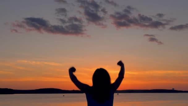 Mujer feliz con sus brazos levantados salta en la puesta de sol escarlata — Vídeo de stock