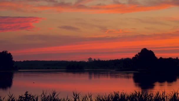 Panorama en la romántica puesta de sol escarlata vista del lago con el cielo reflejado — Vídeos de Stock