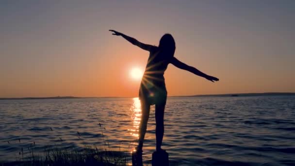 Silueta mladé ženy zvedl ruce nahoru a boční při západu slunce na moři — Stock video