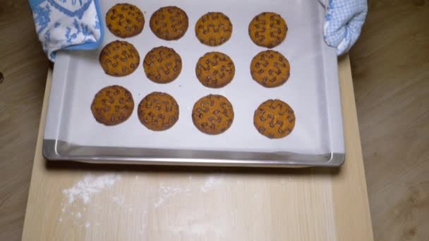 Cook elinde masada bitmiş kurabiye pişirme tepsisi fırından koymak — Stok video