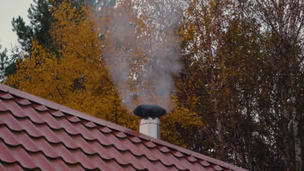 Humo blanco de la chimenea de una casa en un tejado de azulejos rojos en una fría noche de otoño — Vídeos de Stock