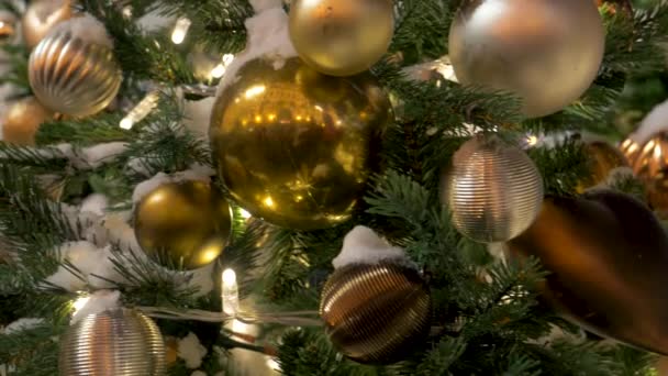 Рождественские деревья в снегу украшены красивыми игрушками — стоковое видео