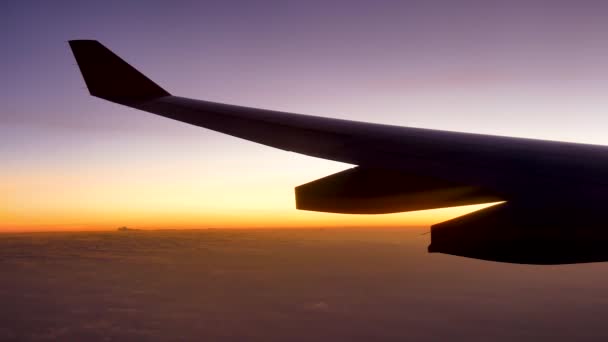 V letu křídla letadel na obloze ve světle západu slunce na mraky — Stock video