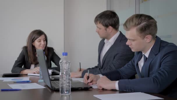 Creative Business Team At Negotiating Table In Office Discussing Ideas Startup — Stock Video